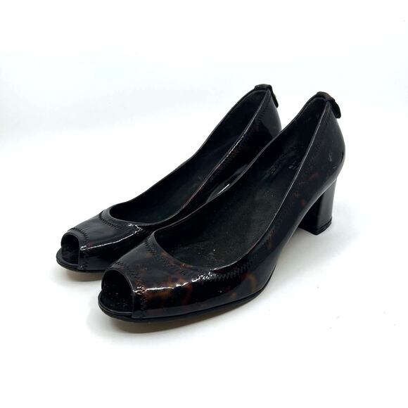 Stuart Weitzman Tortoise Brown Peep Toe Block Heels 7.5 US - Picture 1 of 9